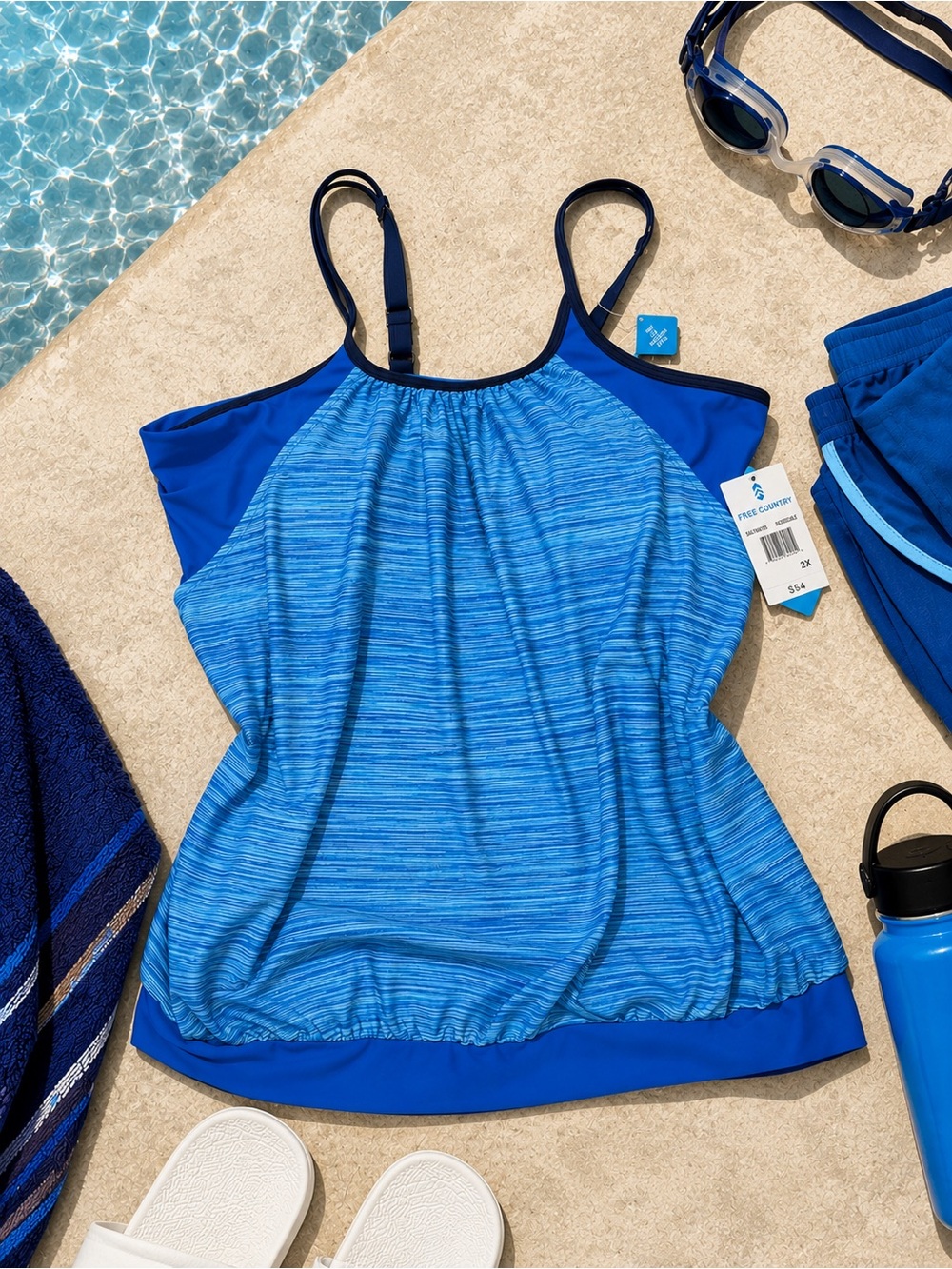 Free Country Blue Tankini Swim Top NWT Plus Size 2X Adjustable Straps